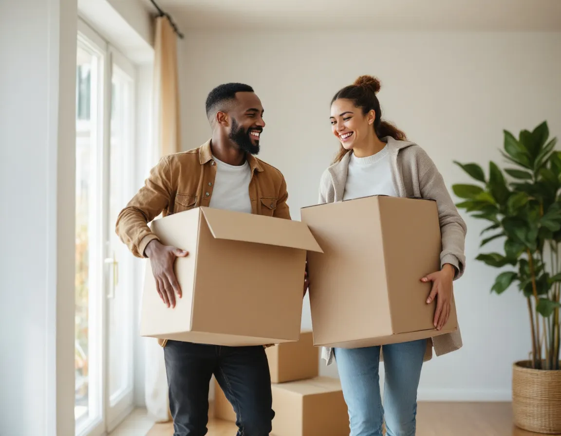 A couple smiling as they carry moving boxes into their new home