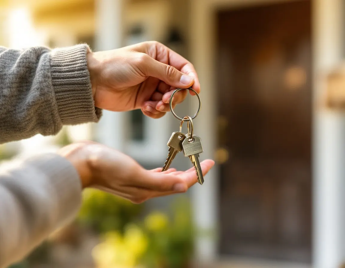 Hands passing a set of house keys at a front door
